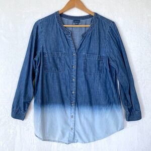 J Jill Denim‎ Ombre Dip Dye Tunic Tencel Shirt Womens Size M Roll Tab Sleeve